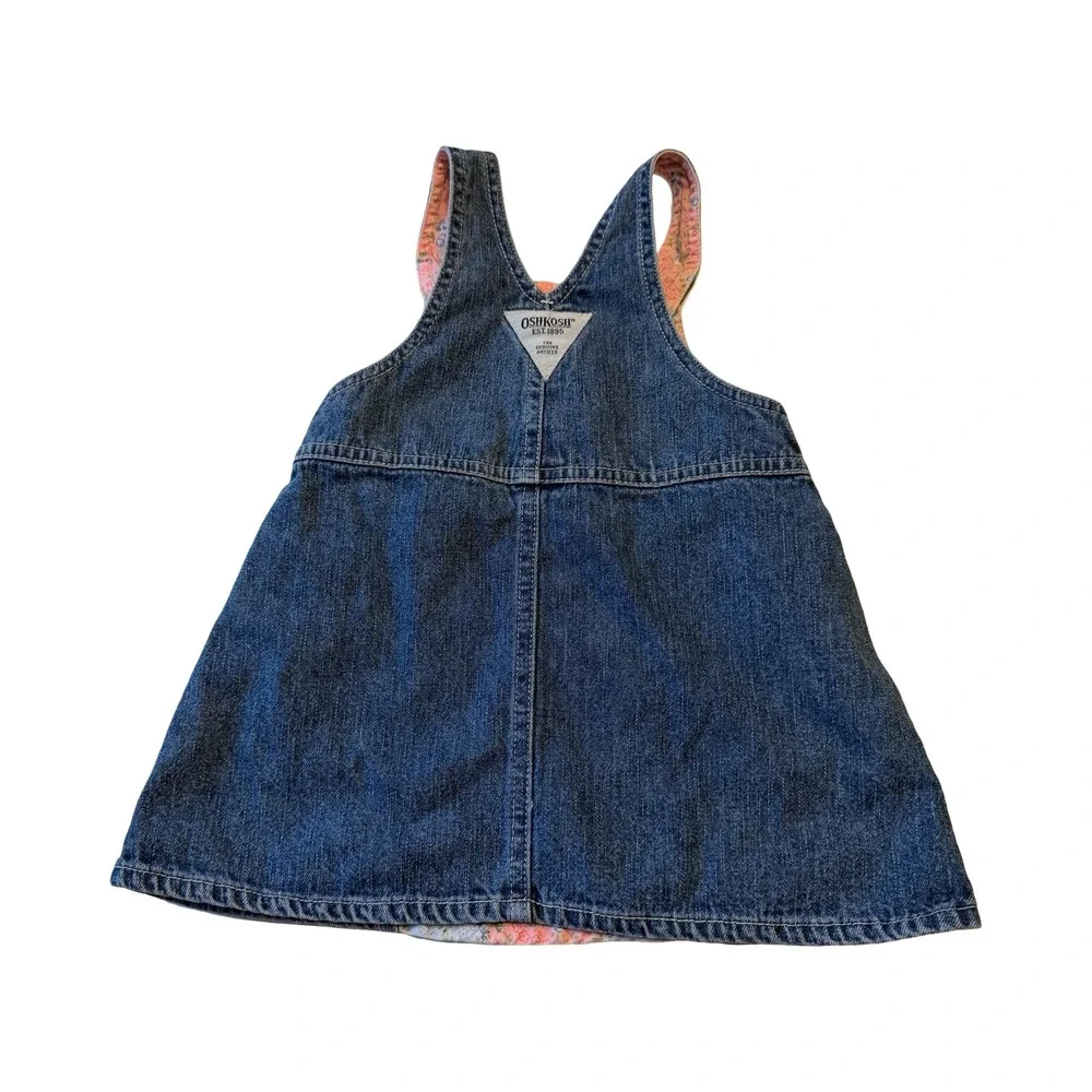 OshKosh Bgosh Vtg 12M Denim Floral Patchwork Overall Dress Rose Embroidery